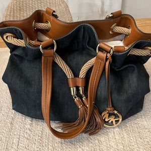 Michael Kors Handbag - Denim and Camel Leather with Roping Detail
